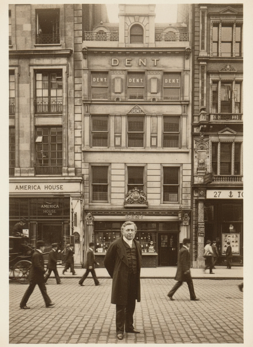 Vintage street scene with a EJ Dent in front of the Dent London store