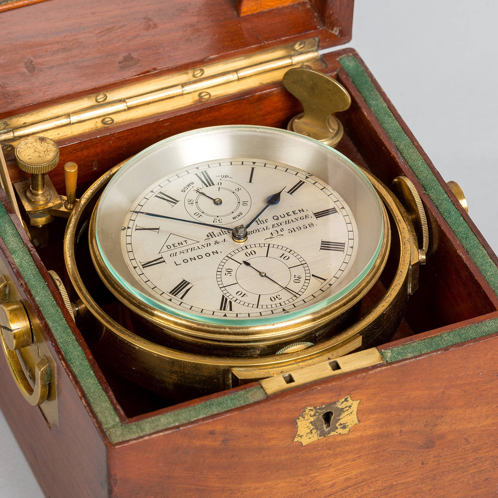 Vintage Dent London watch in a wooden case with brass accents