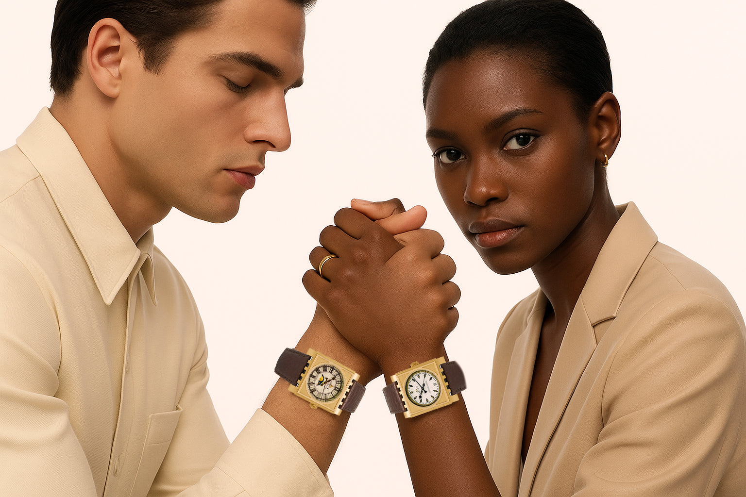 Two people from Dent London holding hands, wearing matching Dent Parliament watches, against a plain background