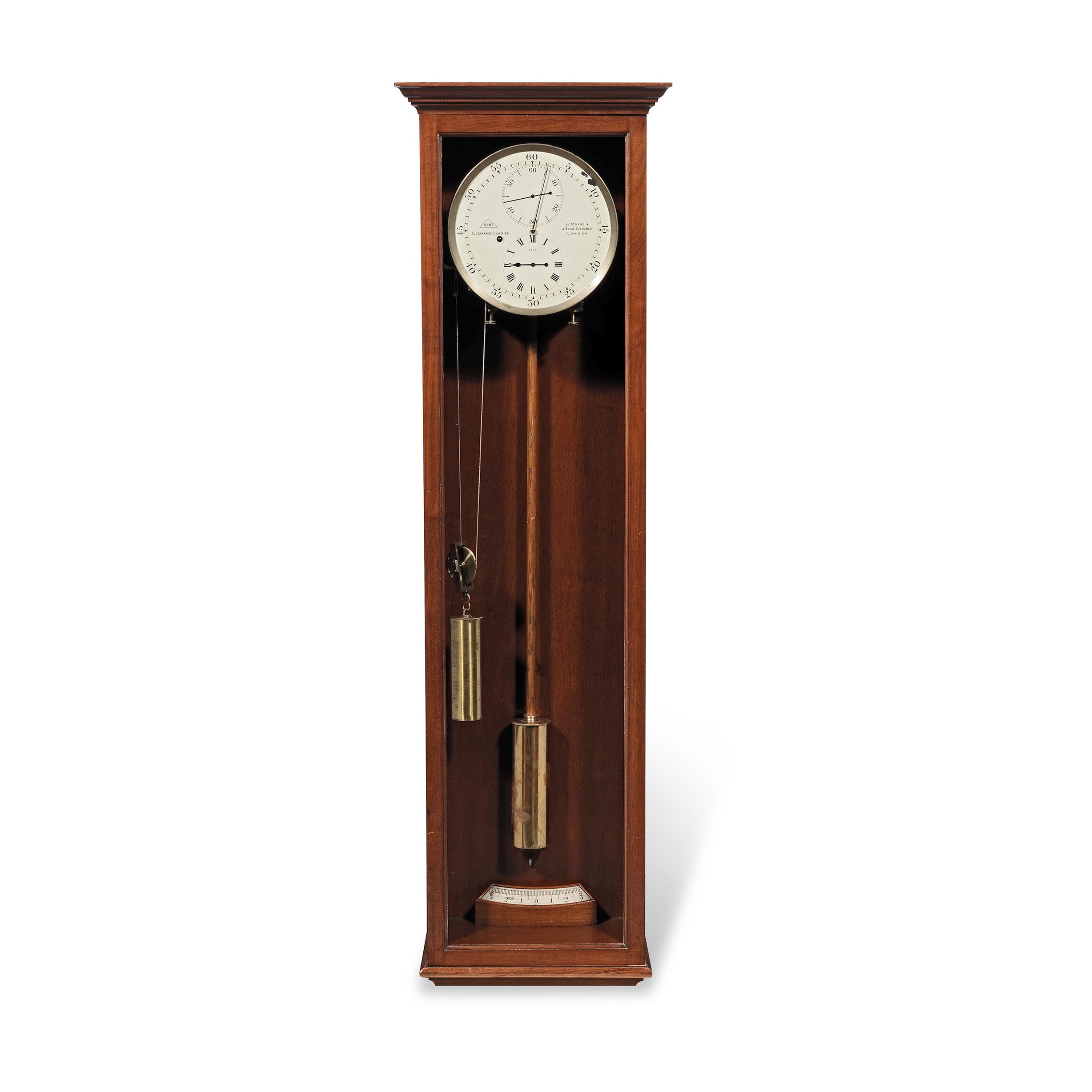 Wooden Dent London grandfather clock with a white face on a white background