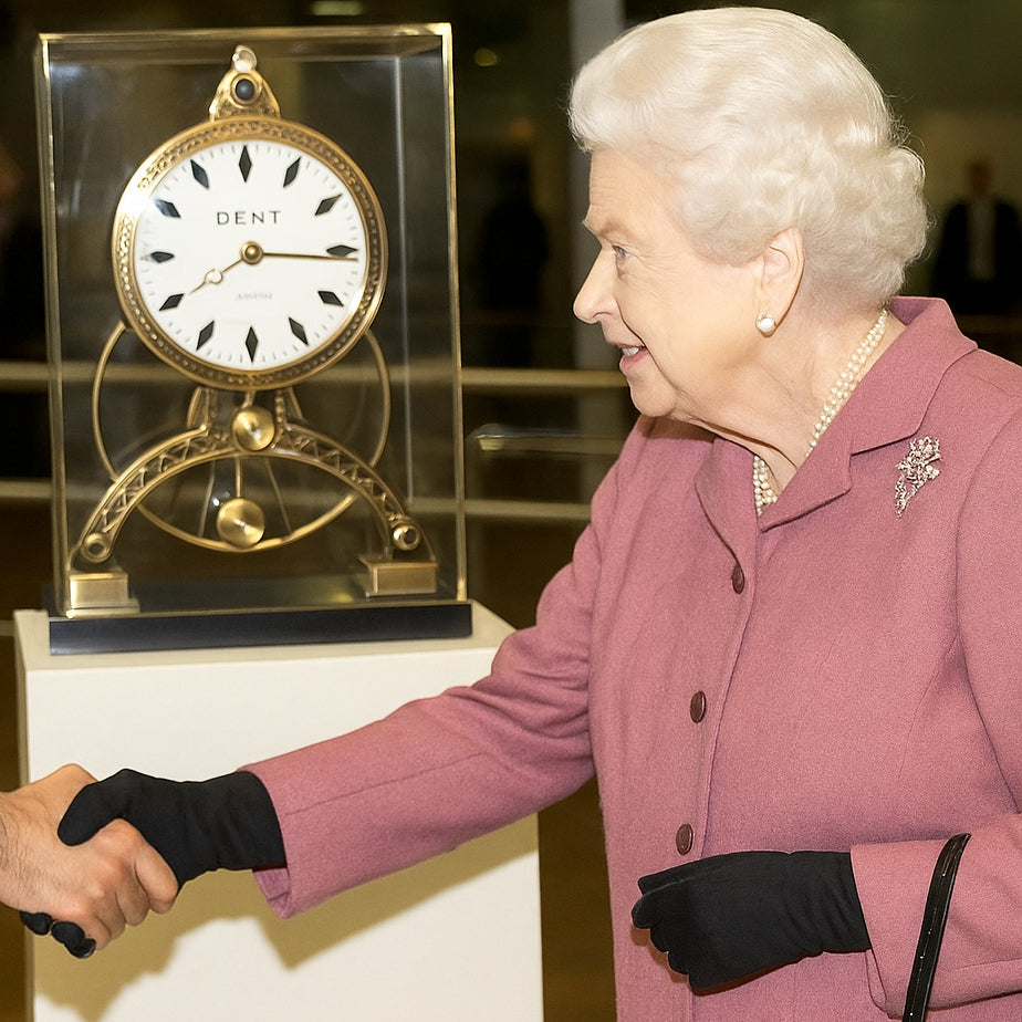 Queen Elizabeth in a pink coat interacting with a Dent London clock display