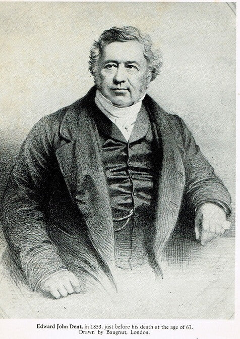 Black and white portrait of EJ Dent in formal attire, likely from the 19th century, with text indicating his name and year.