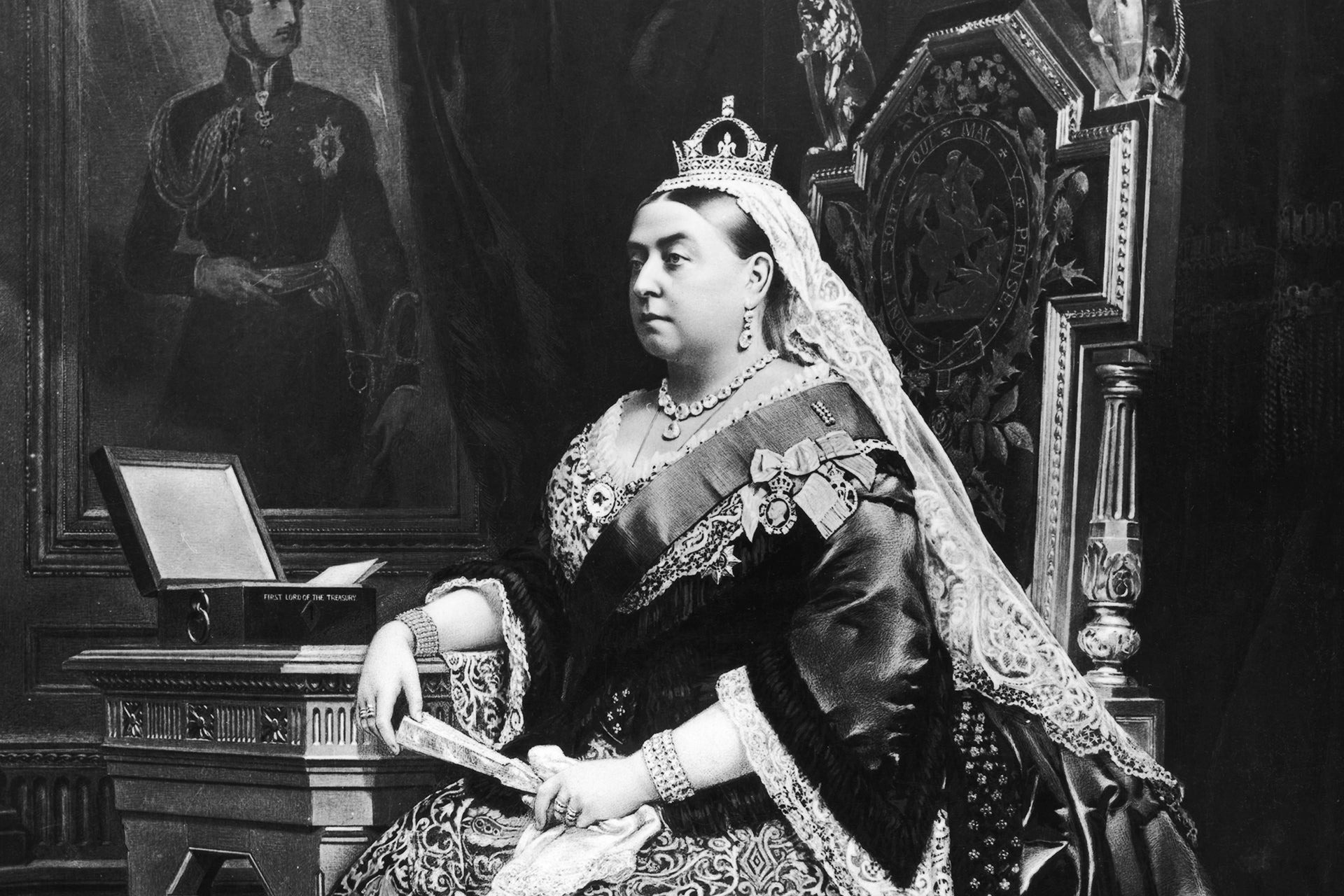 Black and white portrait of a Queen Victoria in formal attire with a decorative headpiece, sitting on a throne-like chair.