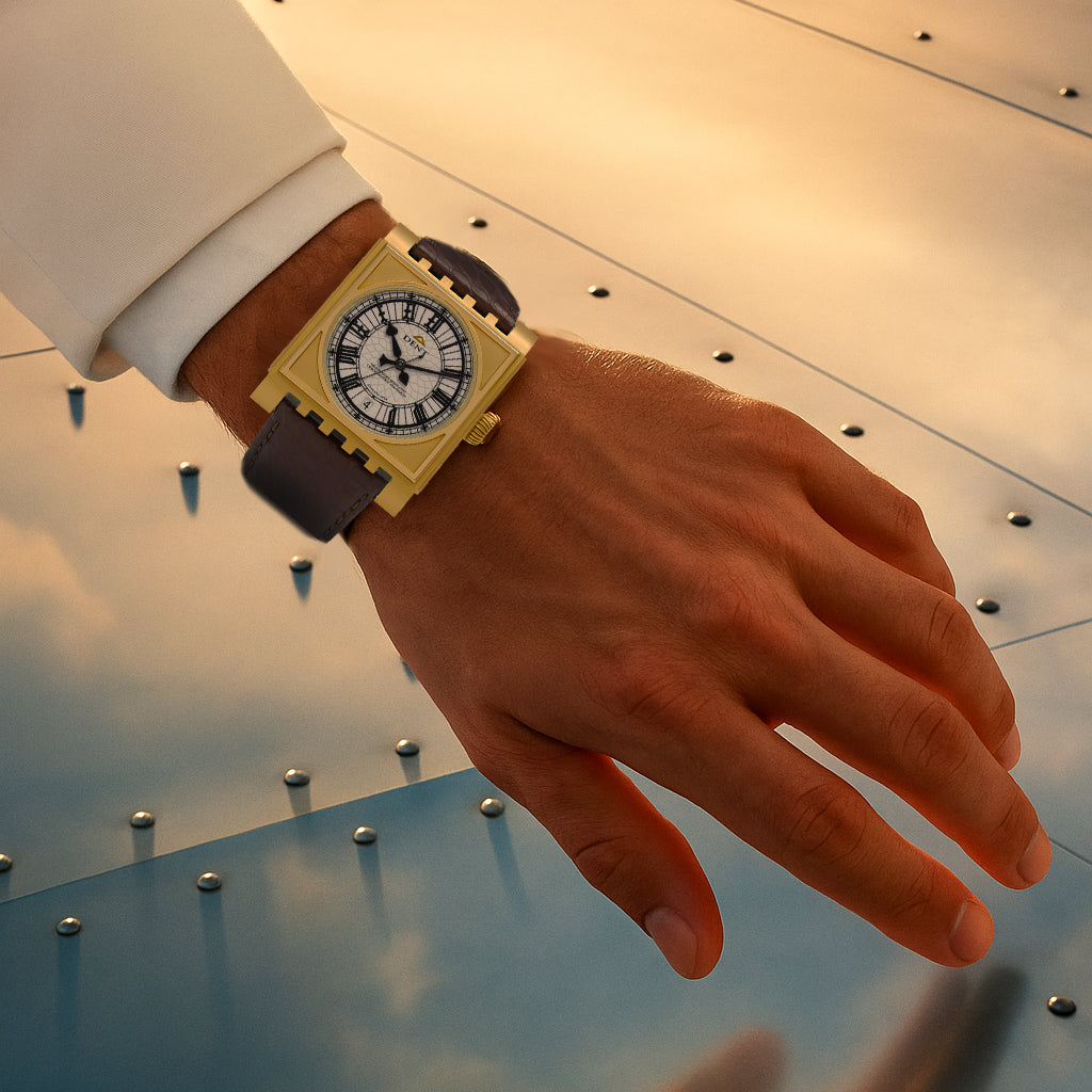 Hand wearing a gold Dent London Parliament watch with a brown leather strap on a reflective surface.